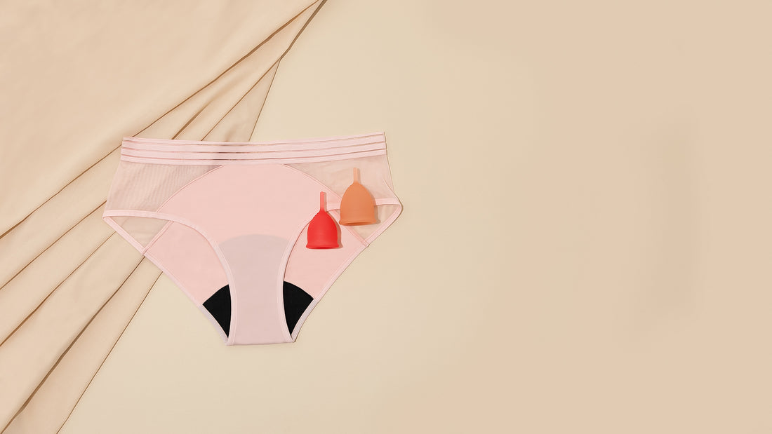 Saalt period underwear and menstrual cups in pink