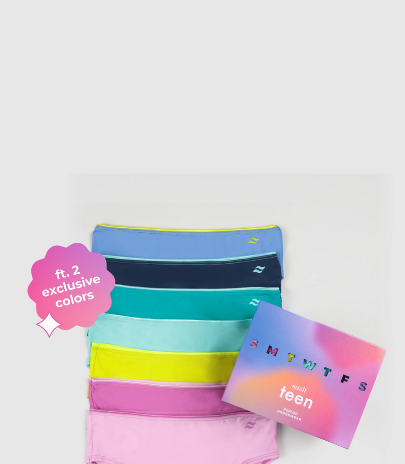 Saalt’s new Teen Days of the Week 7-Pack: a full week of leakproof briefs made just for teens in 7 beautiful colors — primarily shades of blue, green, and pink — including 2 exclusive shades: Solar Haze, a neon yellow green, and Island Mist, a bright light teal blue..