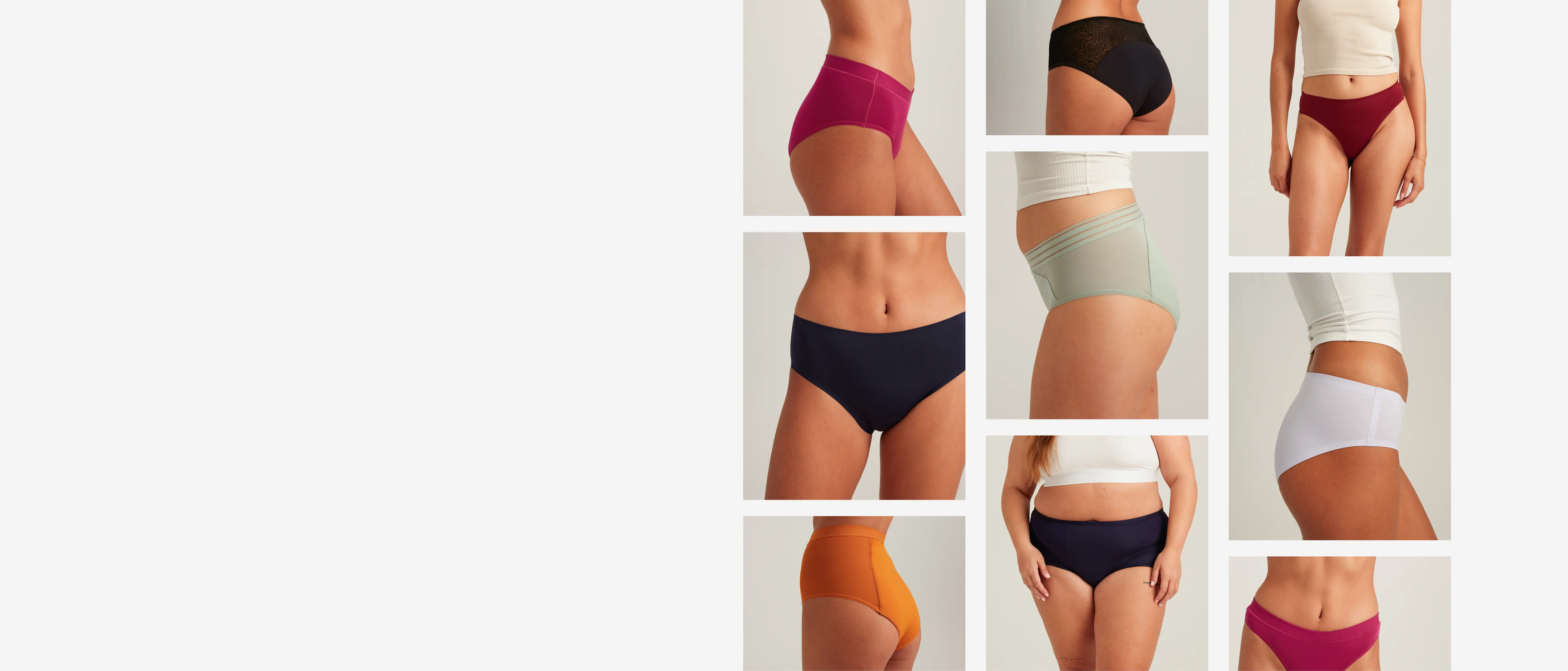 A grid of images of models wearing Saalt’s leakproof underwear in a variety of colors.
