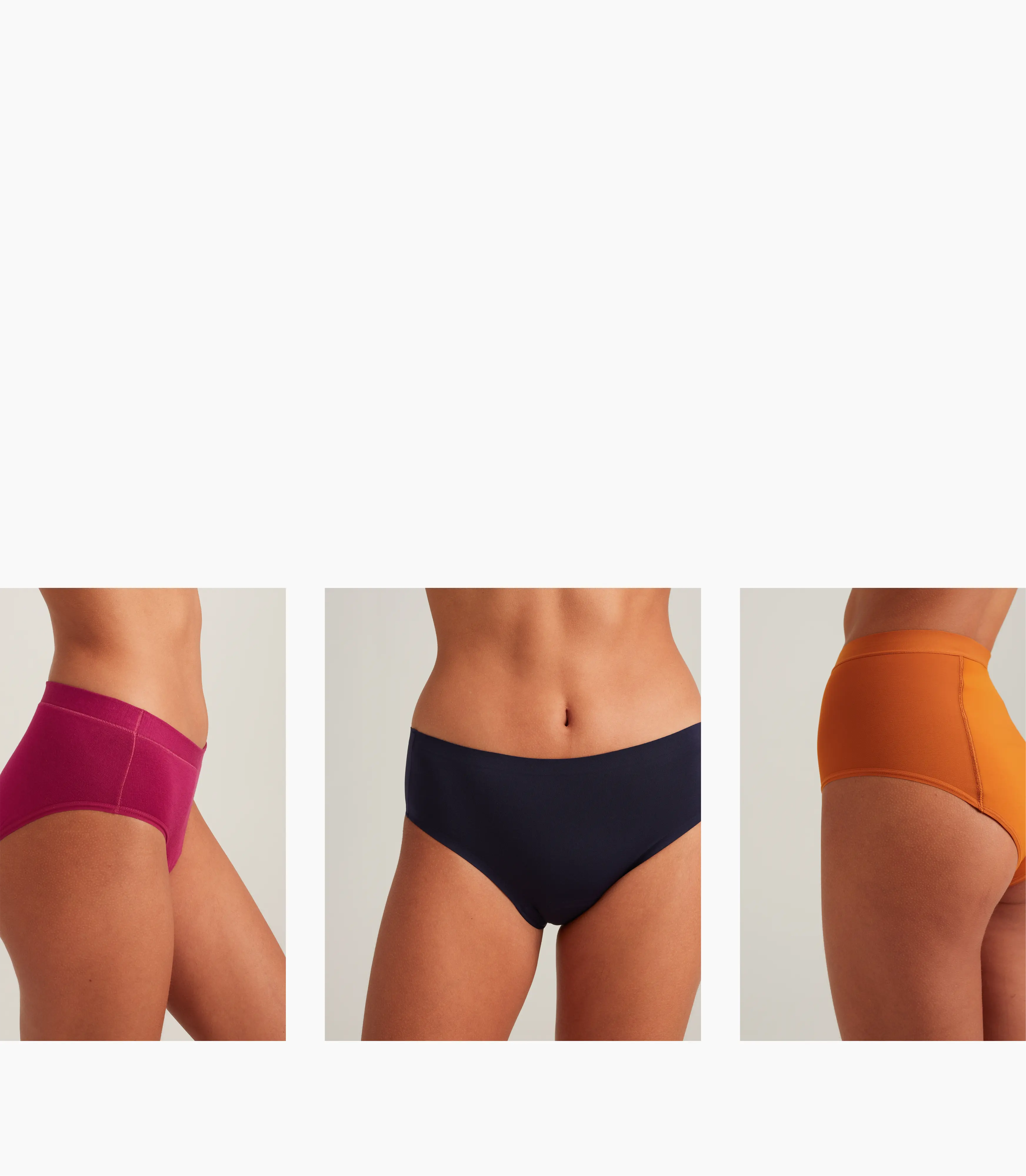 A grid of images of models wearing Saalt’s leakproof underwear in a variety of colors.
