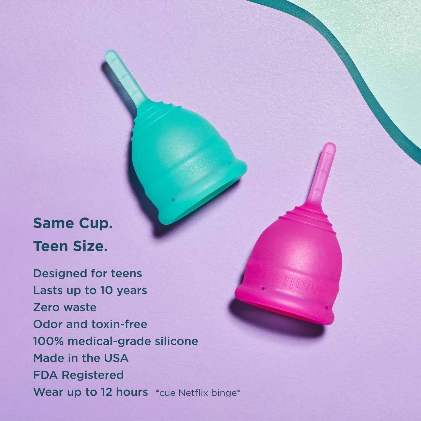 Green and rose teen menstrual cups.