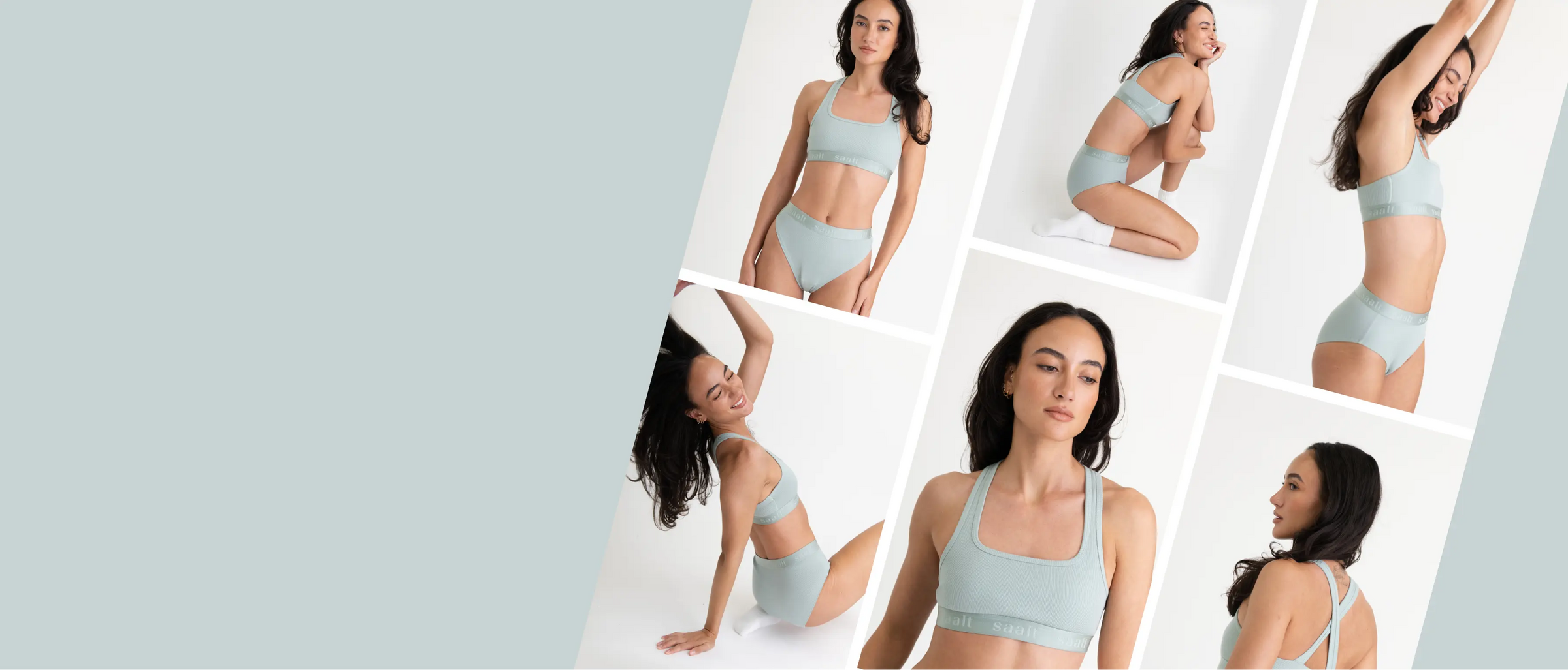 Collage of a model in Saalt's new Cotton Rib underwear in color Seaglass, featuring various poses. The tone is confident and relaxed.