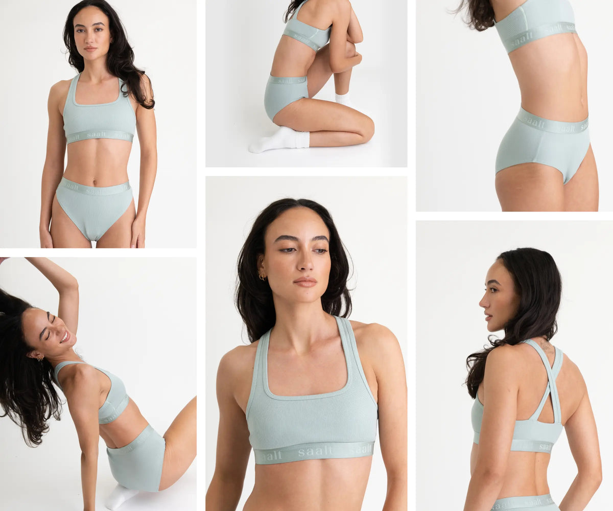 Collage of a model in Saalt's new Cotton Rib underwear in color Seaglass, featuring various poses. The tone is confident and relaxed with a minimalist white background.