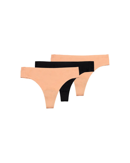 Three seamless thong leakproof underwear in neutral tones, two beige and one black, overlapping in an organized layout on a white background.