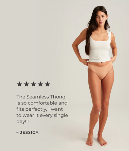 A woman wearing a white tank top and beige thong stands confidently. Text next to her features a five-star review that says "The Seamless Thong is so comfortable and fits perfectly, I want to wear it every single day!!! -Jessica"