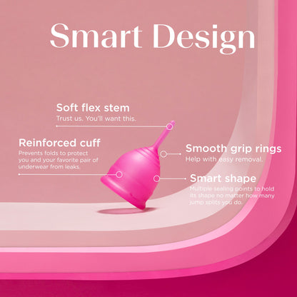 Teen menstrual cup design: soft flex stem, smooth grip rings.