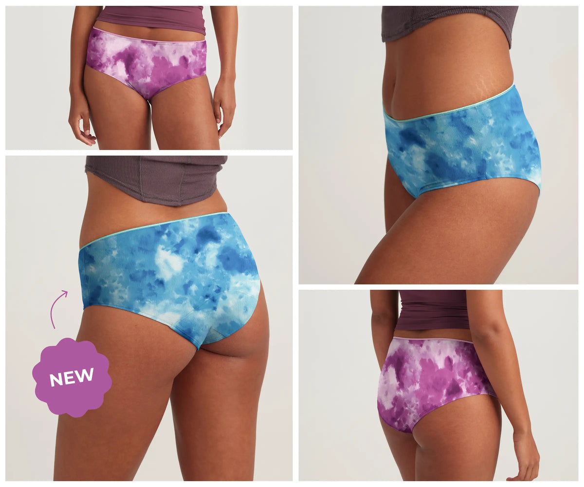Split image showing a model wearing blue and purple tie-dye underwear from various angles. A purple "NEW" badge is present. The tone is fresh and trendy.