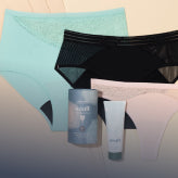 Three pairs of Saalt underwear, two period cups in a Duo Pack, and one Saalt Cup Wash